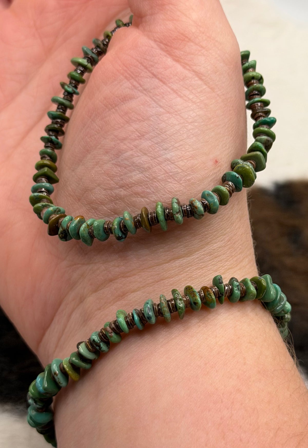 Navajo Handmade Nevada Green Turquoise stretch Bracelets by Adrian Yazzie