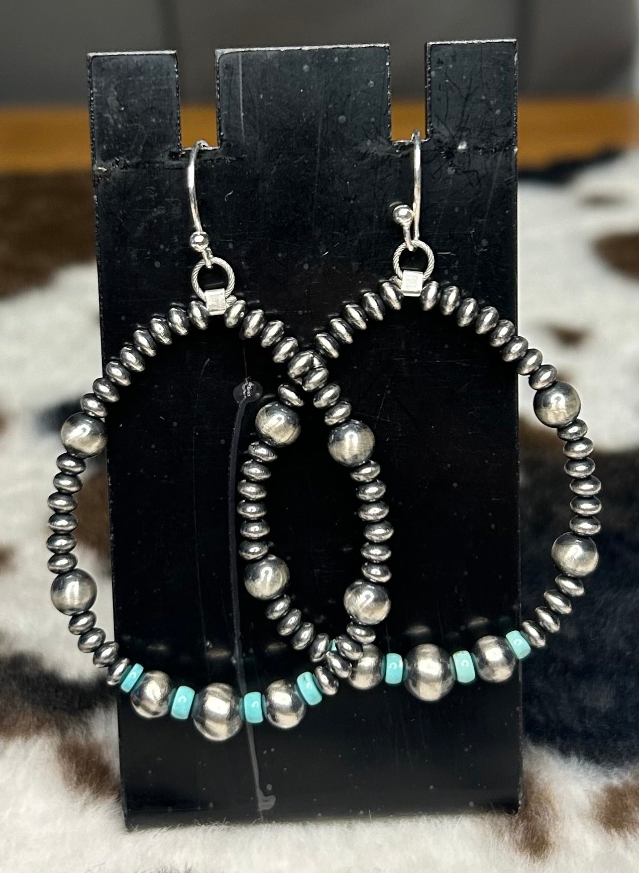 Sterling Silver Machine Made Pearl and Turquoise Hoop Earrings