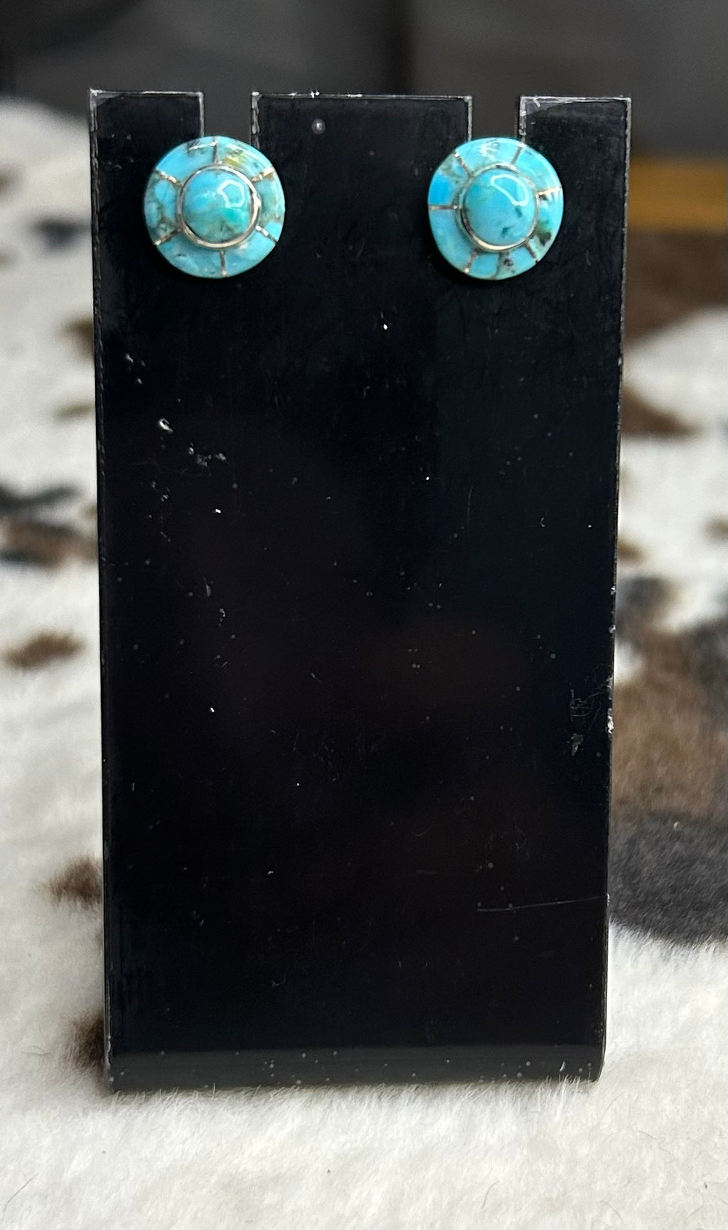 Navajo Handmade Kingman Turquoise Inlay Stud Earrings by Valarie Benally