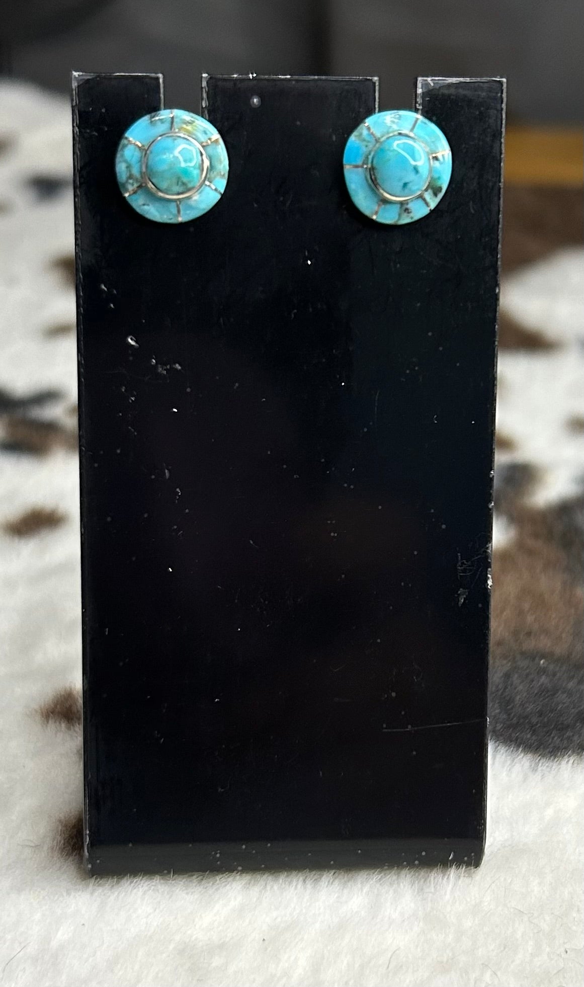 Navajo Handmade Kingman Turquoise Inlay Stud Earrings by Valarie Benally