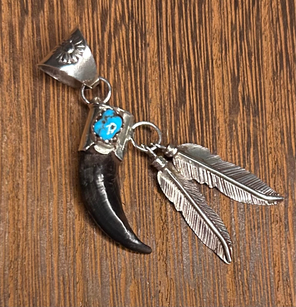 Navajo Handmade Coyote Claw Pendant with Turquoise by Ernest Hawthorne