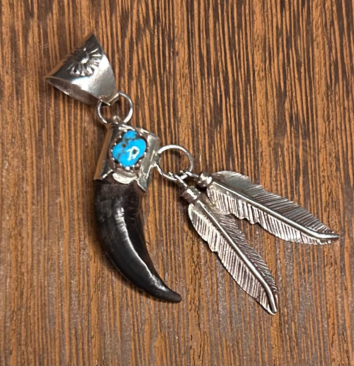 Navajo Handmade Coyote Claw Pendant with Turquoise by Ernest Hawthorne
