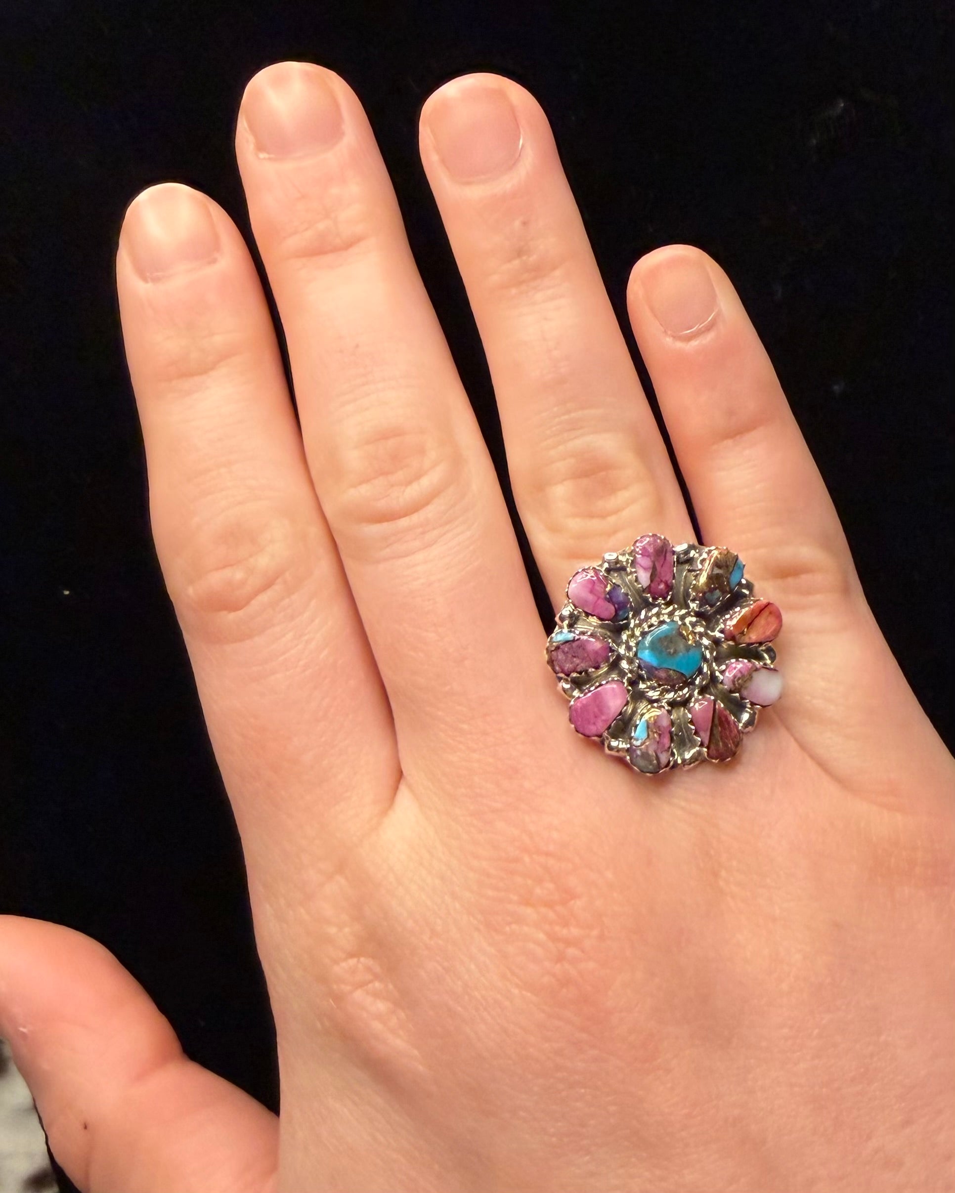 Navajo Handmade Pink Dahlia Cluster Rings Size 7 by Jason Benally