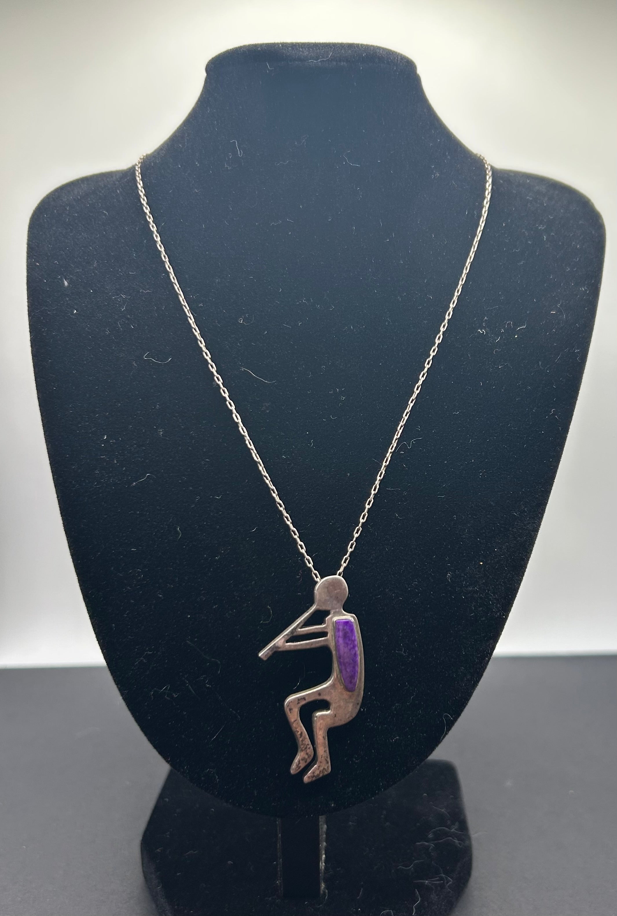 Vintage Native American Kokopelli Pendant necklace with Purple Stone Inlay