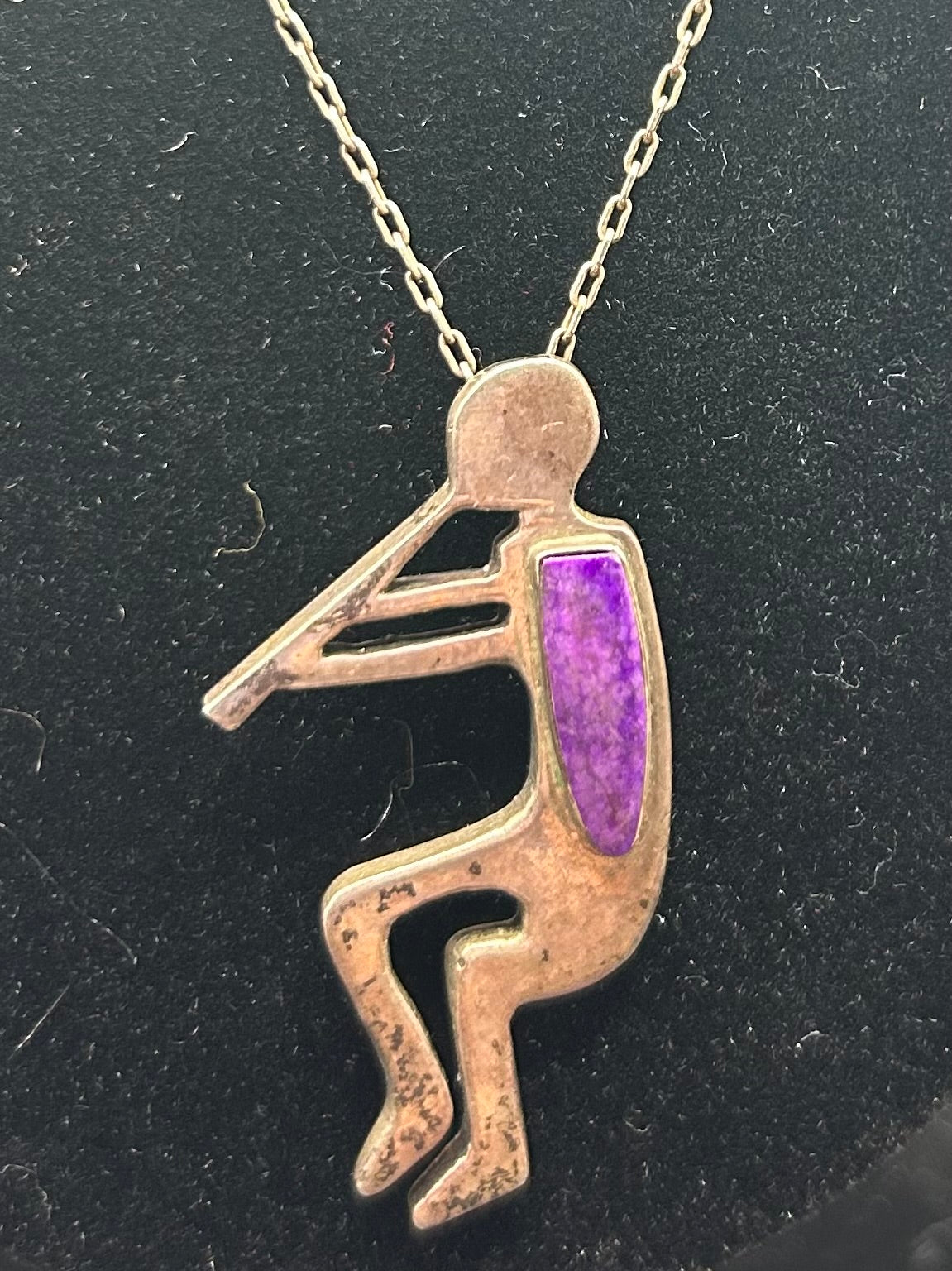 Vintage Native American Kokopelli Pendant necklace with Purple Stone Inlay